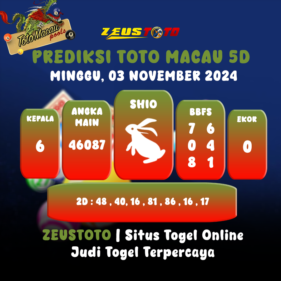 Prediksi Angka Keluaran TOTO MACAU 5D MINGGU, 03 NOVEMBER 2024